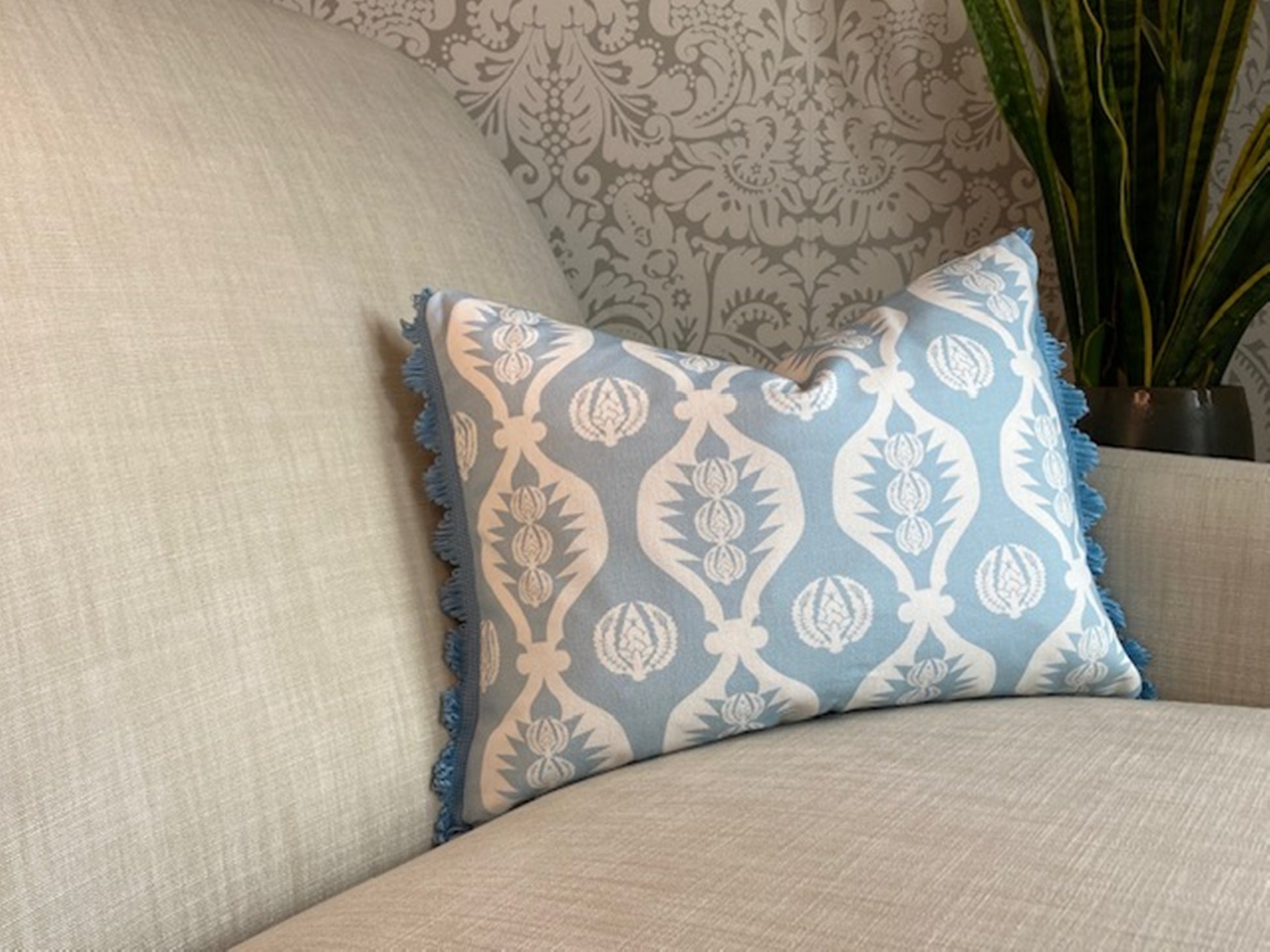 Georgie fabric Blue and white cotton cushion with matching fan trim