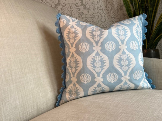 Georgie fabric Blue and white cotton cushion with matching fan trim