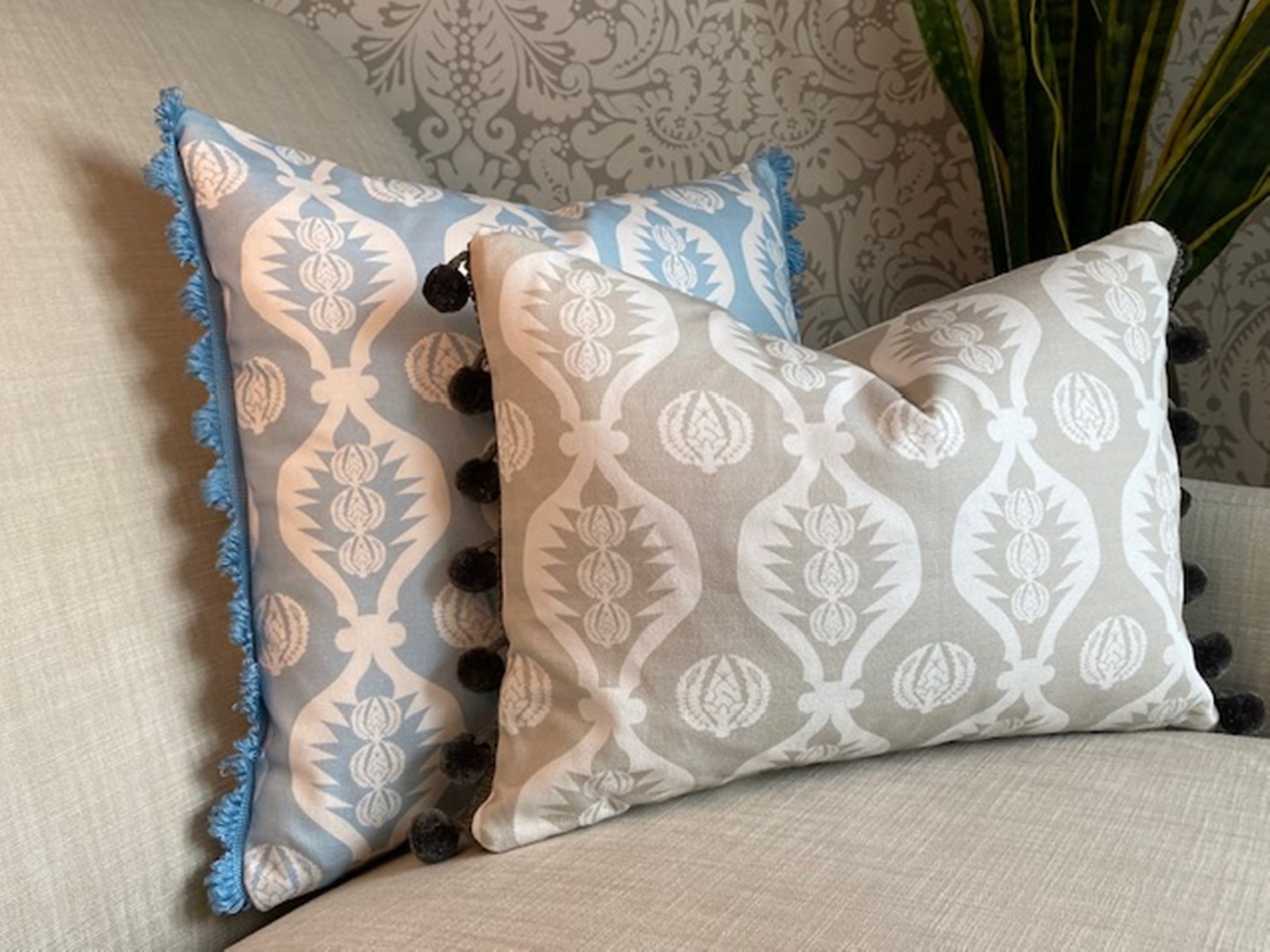 Georgie fabric Blue and white cotton cushion with matching fan trim plus Georgie fabric grey cushion with pompom trim