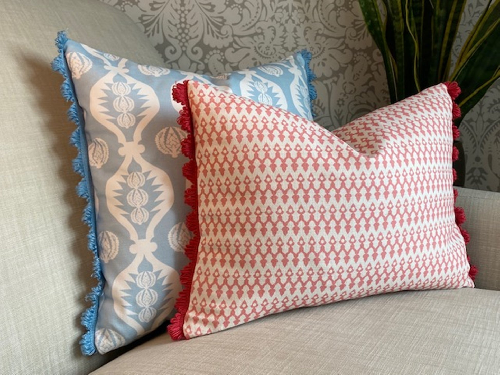 Georgie fabric Blue and white cotton cushion with matching fan trim plus Tea4Two fabric pink cushion with fan trim