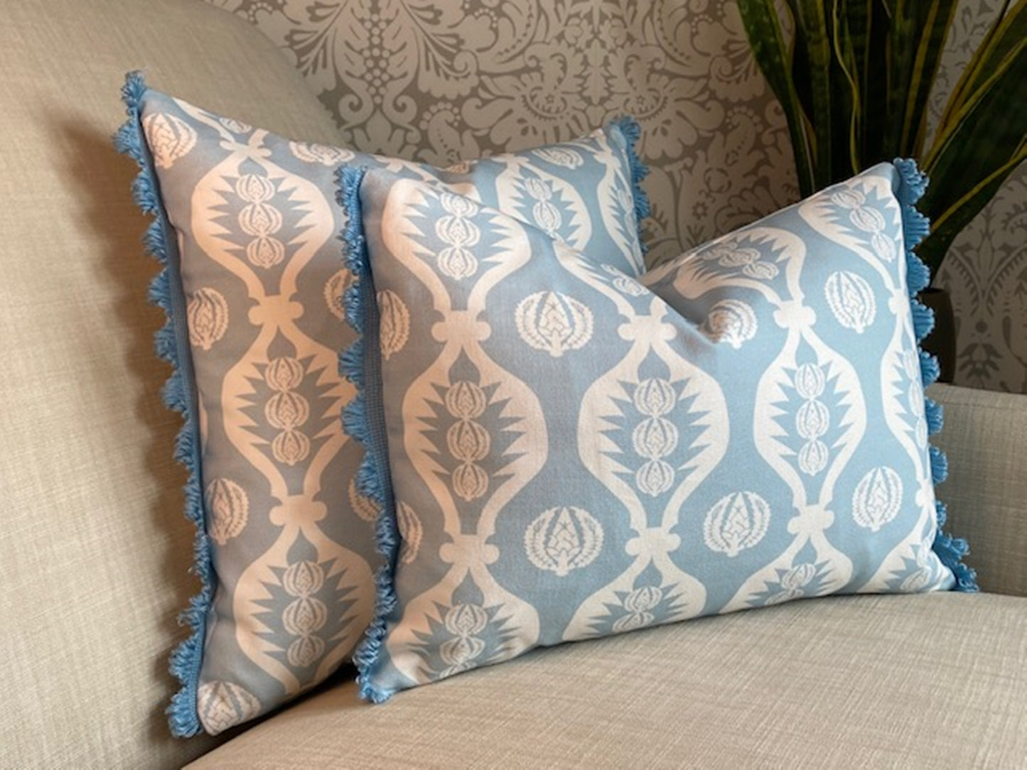 Georgie fabric Blue and white cotton cushions with matching fan trim