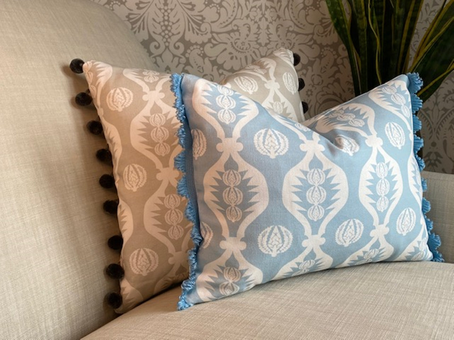 Georgie fabric Blue and white cotton cushion with matching fan trim plus Georgie fabric grey cushion with pompom trim