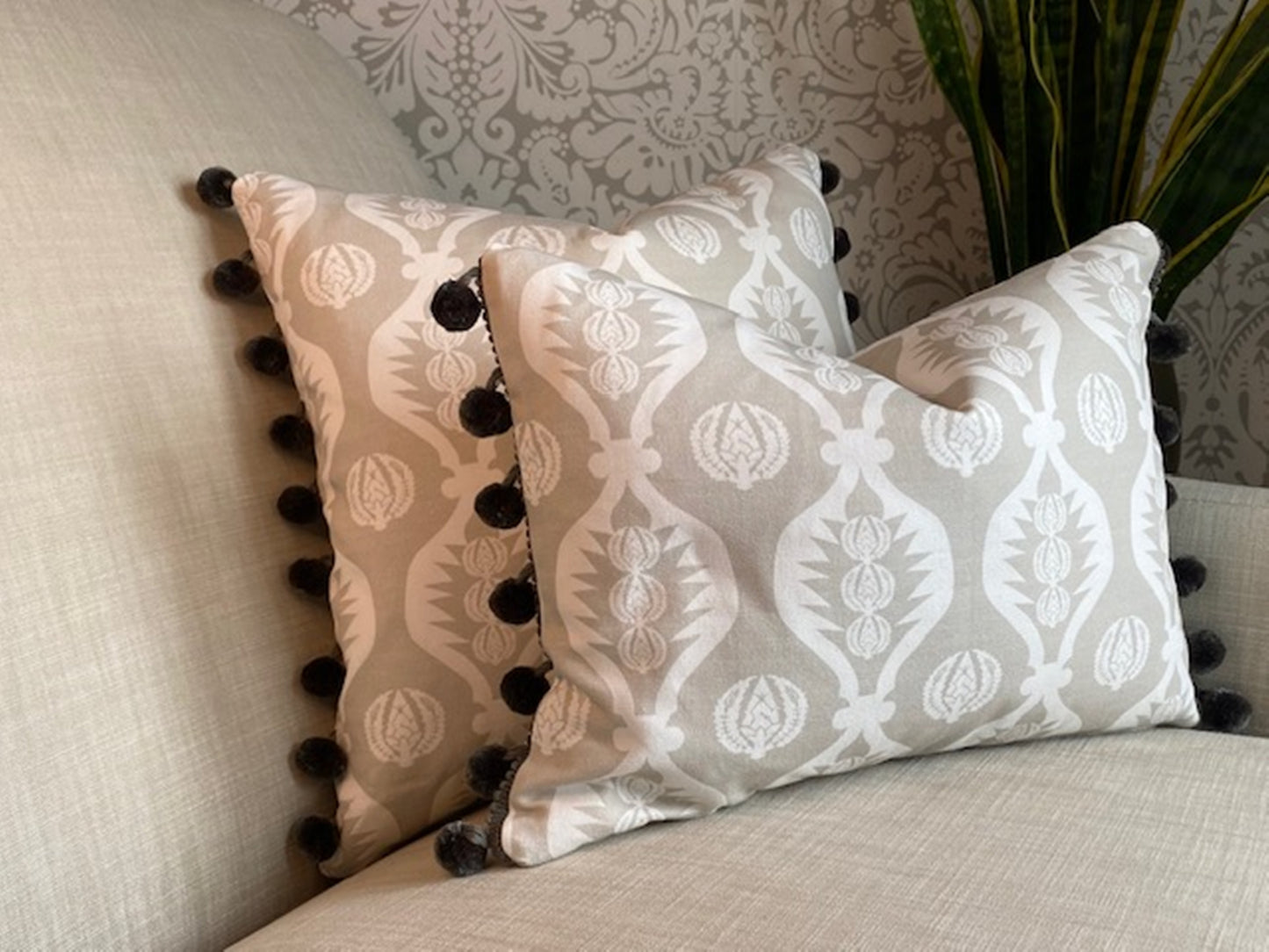 Georgie fabric grey and white cotton cushions with grey pompom trim