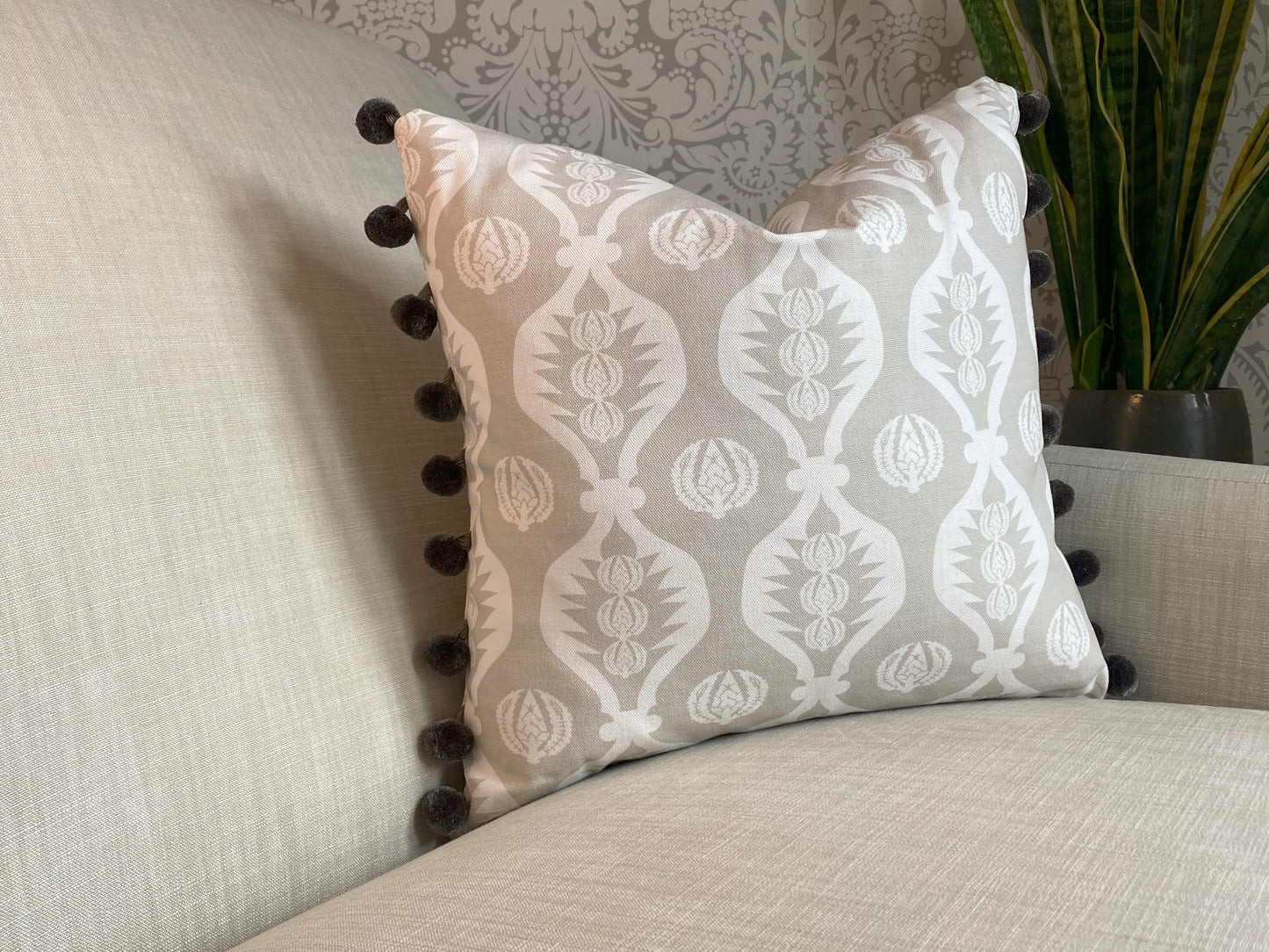 Georgie fabric grey and white cotton cushions with pompom trim