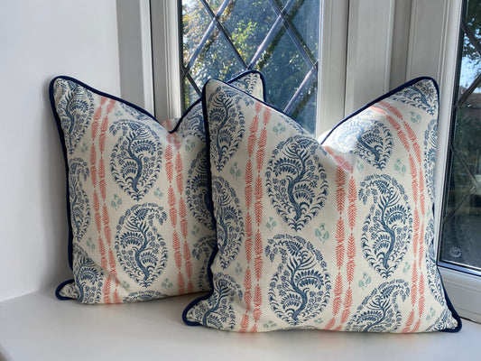 Larisa fabric blue and coral cotton piped cushions