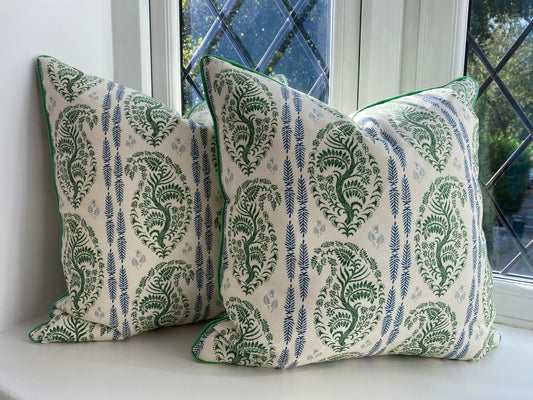 Larisa fabric green and blue cotton piped cushions