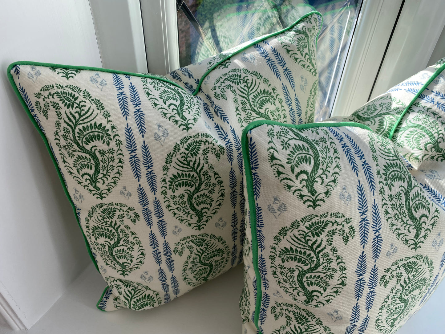 Larisa fabric green and blue cotton piped cushions