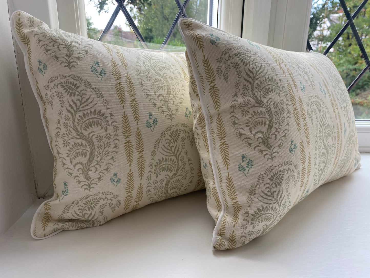 Larisa fabric sage and gold cotton piped cushions