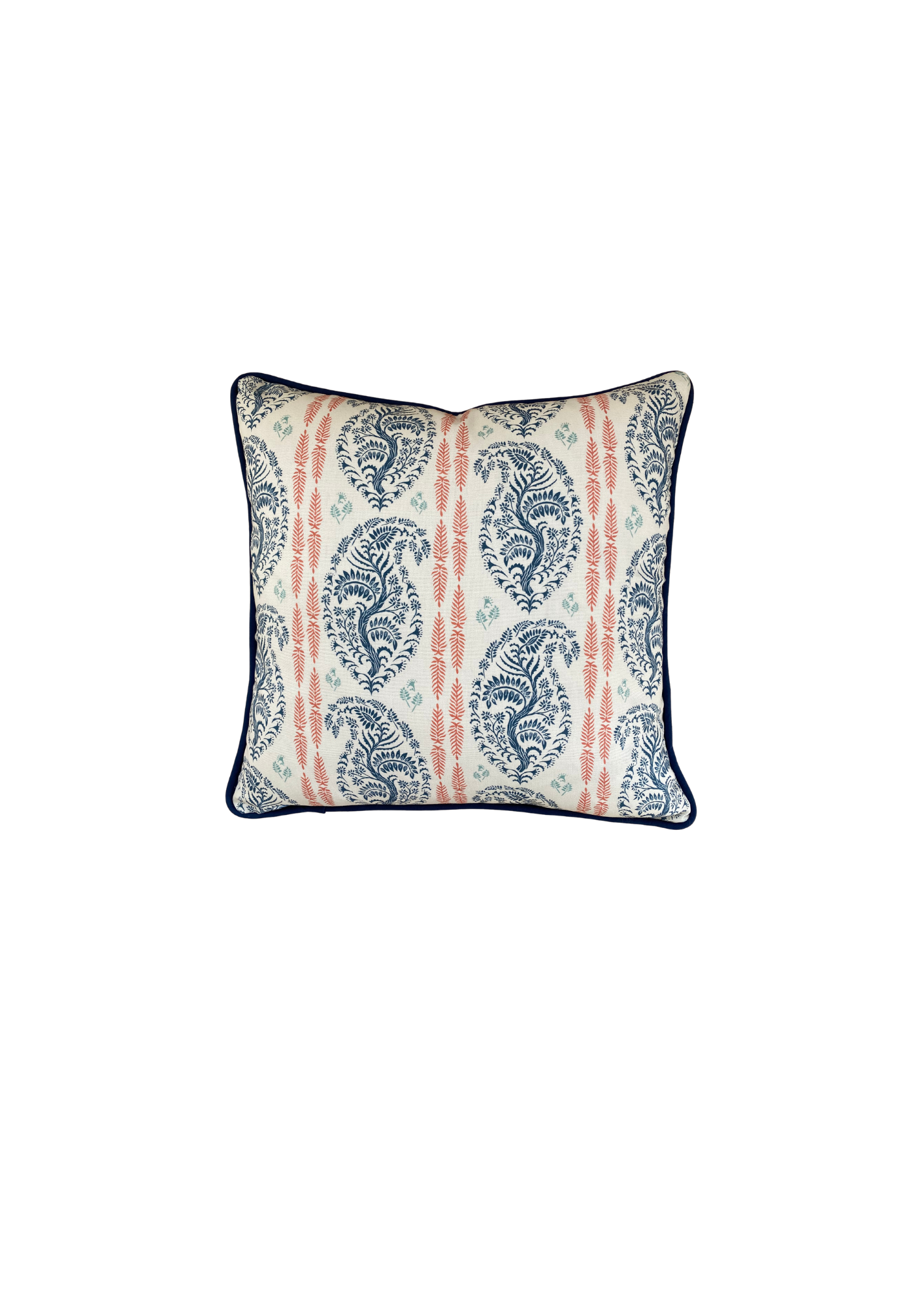 Larisa fabric blue and coral cotton piped cushion